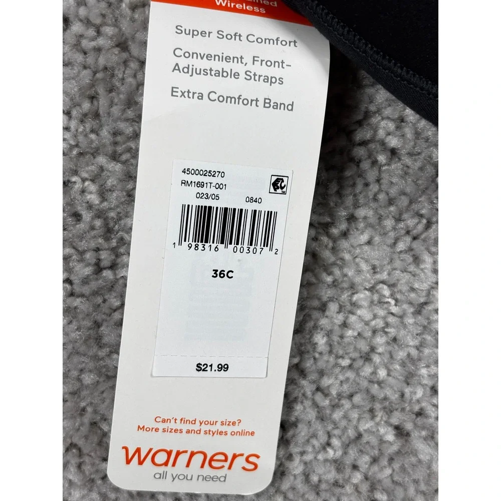 Warners Womens Black Wire-Free‎ Contour Bra 36C RM1691W RM1691T Comfort Wireless